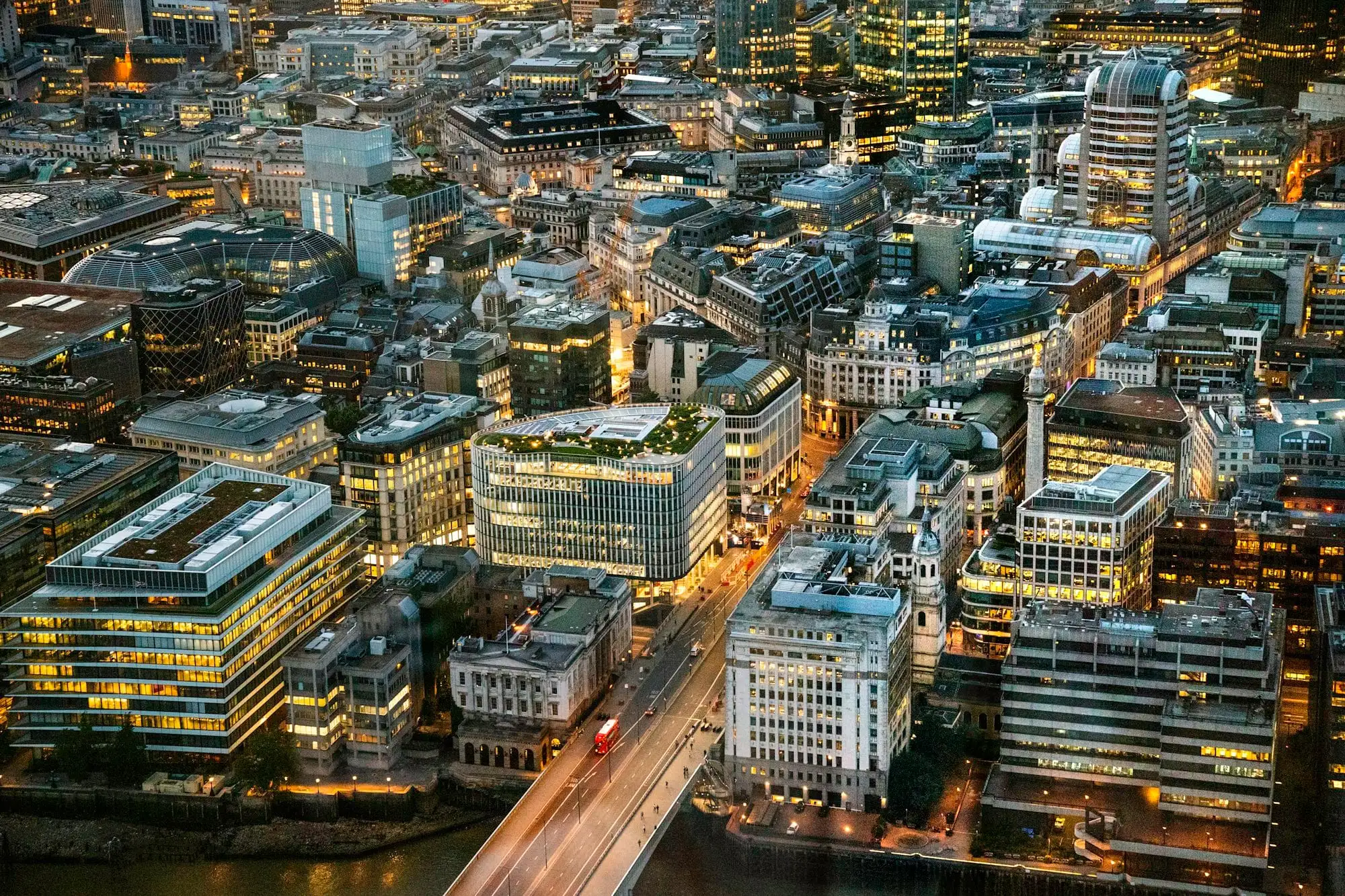 Aerial view of central London lit up at night